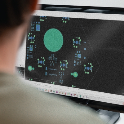 Aktuelles Platinenlayout am PC‑Arbeitsplatz Aktueller PC‑Arbeitsplatz, auf dessen Monitor eine Person ein modernes Platinenlayout in einer CAD‑Software betrachtet